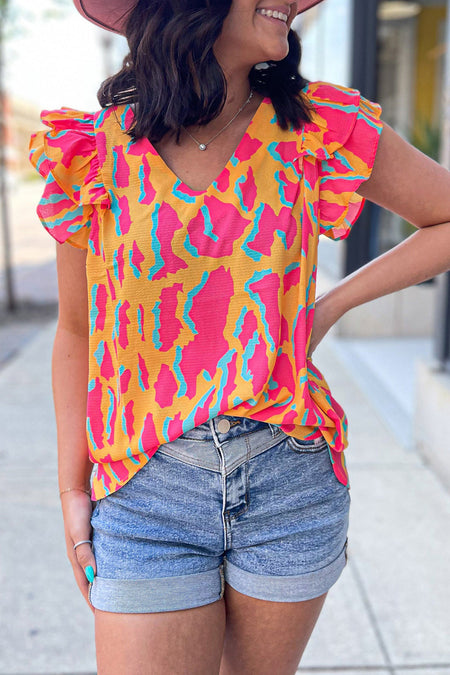 Abstract Print V Neck Ruffled Sleeve Blouse