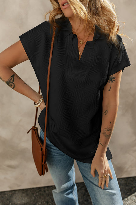 Textured V Neck Collared Short Sleeve Top