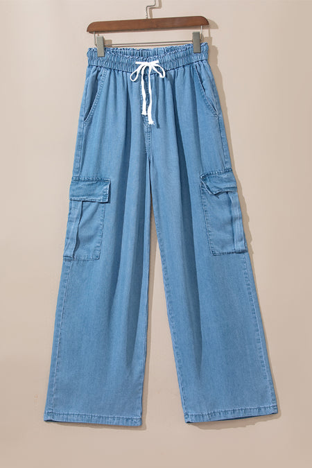 Sky Blue Drawstring High Waist Cargo Pocket Wide Leg Jeans