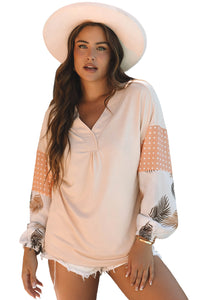 Polka Dot Puff Sleeve Patchwork V Neck Loose Blouse