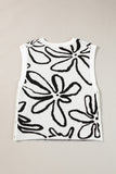 White Button Sides Sleeveless Floral Knitted Top