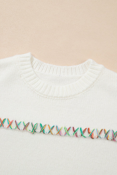 Colorful Crossed Stitch Drop Shoulder Sweater