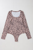 Leopard Print Long Sleeve Scoop Neck Slim Fit Bodysuit