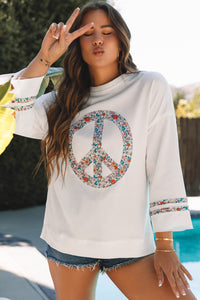 Floral Peace Sign Graphic Drop Shoulder Wide Sleeve Casual Top