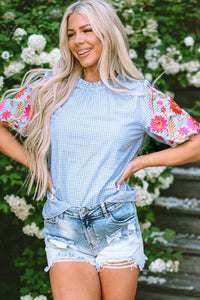 Gingham Floral Embroidered Puff Sleeve Blouse