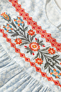Boho Embroidered Floral Print Flutter Sleeve Blouse