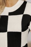 Checkered Color Block Crew Neck Short Sleeve Sweater