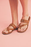 Chestnut Cross Toe Metal Buckle Leathered Flat Slippers