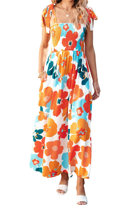 Floral Self Tied Straps Smocked Bust Maxi Dress