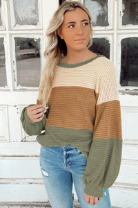 Stripe Textured Color Block Bubble Sleeve Baggy Top