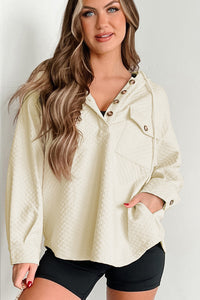 Textured Buttoned Neckline Side Pockets Hoodie