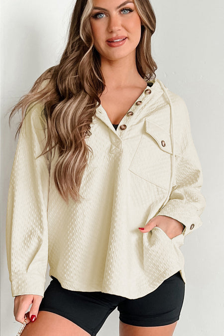 Textured Buttoned Neckline Side Pockets Hoodie