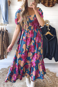 Square Neck Bubble Sleeve Ruffled Floral Dress