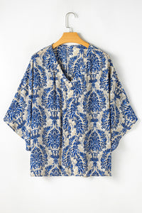 Plus Size Ethnic Printed 3/4 Sleeve V Neck Loose Blouse