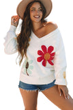 Flower Pattern V Neck Drop Shoulder Sweater