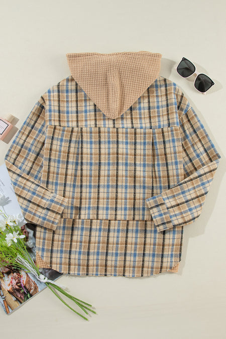 Waffle Knit Patchwork Hooded Plaid Shacket