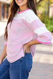 Striped Patchwork 3/4 Sleeve Oversize Top