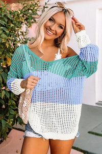 Color Block Eyelet Long Sleeve Twisted Back Knit Top