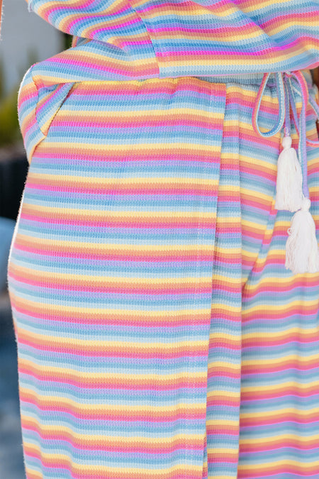 Stripe Rainbow Tee Tasseled String Wide Leg Pants Set