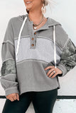 Gray Waffle Printed Patchwork Drawstring Hooded Long Sleeve Top