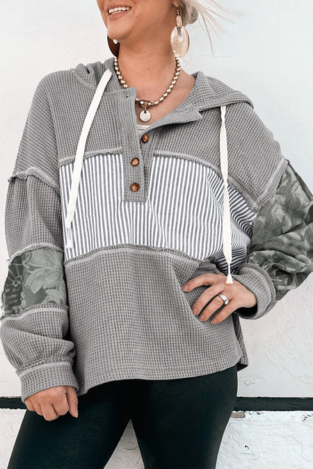 Gray Waffle Printed Patchwork Drawstring Hooded Long Sleeve Top