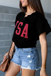 Black USA Lettering Patch Notched Neck Loose Tee