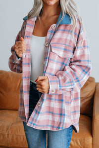 Plaid Print Color Block Collared Flap Pockets Loose Shacket