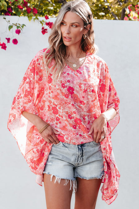 Pink Boho Floral V Neck Kimono Style Blouse – Amaryllis Apparel