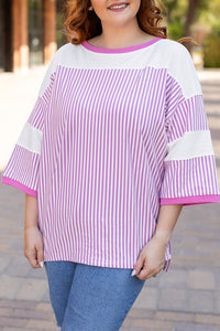 Stripe Patchwork Bracelet Sleeve Plus Size T Shirt