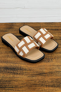 Two Tone Contrast PU Leather Square Toe Slippers
