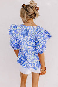 Floral Print Ruffled Bubble Sleeve Blouse