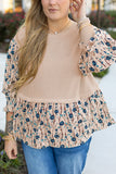 Faux Two Piece Knit Patchwork Floral Print Plus Size Top