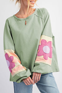 Flower Patchwork Raglan Sleeve Exposed Seam Oversized Top