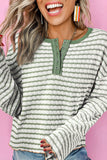 Stripe Textured Frilly Trim Buttons Henley Long Sleeve Top