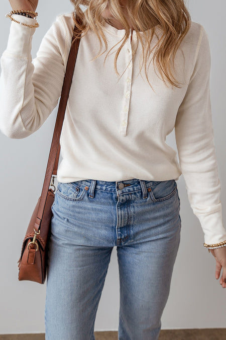 Solid Color Waffle Half Button Long Sleeve Top