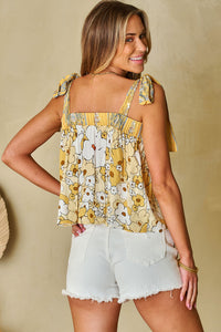 Floral Patchwork Tied Straps Buttoned Tank Top