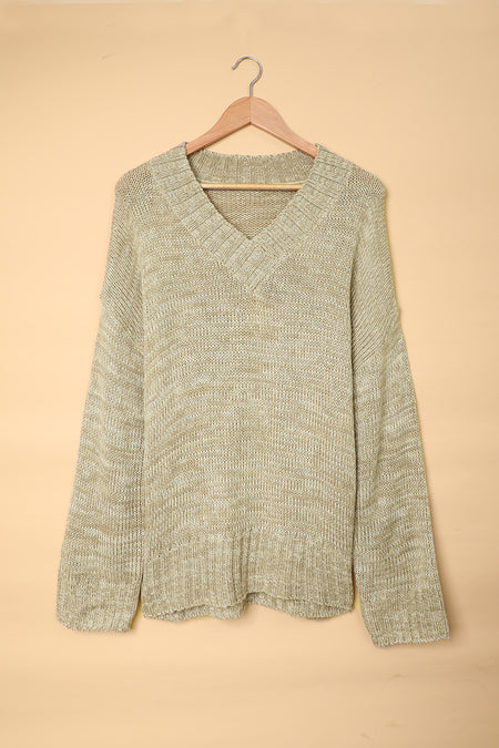 White V neck Drop Shoulder Knitted Sweater