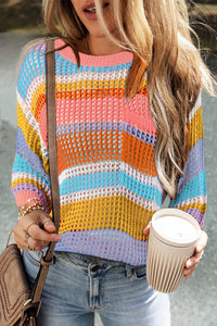 Stripe Colorblock Hollowed Crochet 3/4 Sleeve Sweater