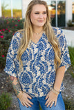 Plus Size Ethnic Printed 3/4 Sleeve V Neck Loose Blouse