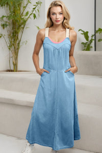 Contrast Straps Pocketed Long Chambray Dress