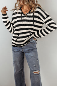 Stripe V Neck Pocketed Drawstring Hooded Sweater