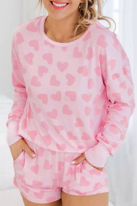 Valentine Heart Shape Print Long Sleeve Top Shorts Lounge Set