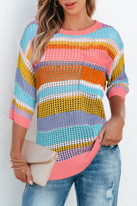 Stripe Colorblock Hollowed Crochet 3/4 Sleeve Sweater