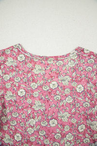 Floral Short Puff Sleeve V Neck Ruched Blouse