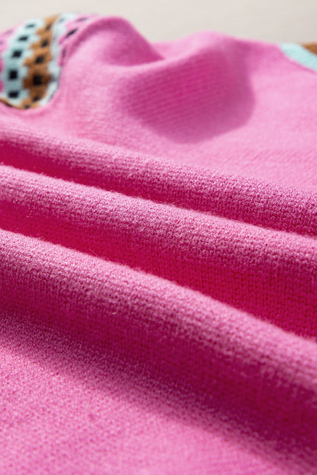Bright Pink Contrast Printed Cap Sleeves Crewneck Sweater