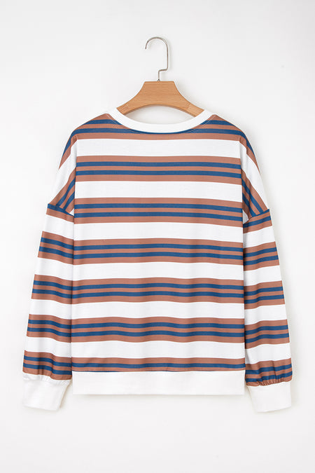 Brown Stripe Crew Neck Drop Shoulder Pullover Sweatshirt