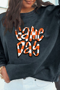 Chenille Checkered Game Day Graphic Drop Shoulder Corded Sweatshirt