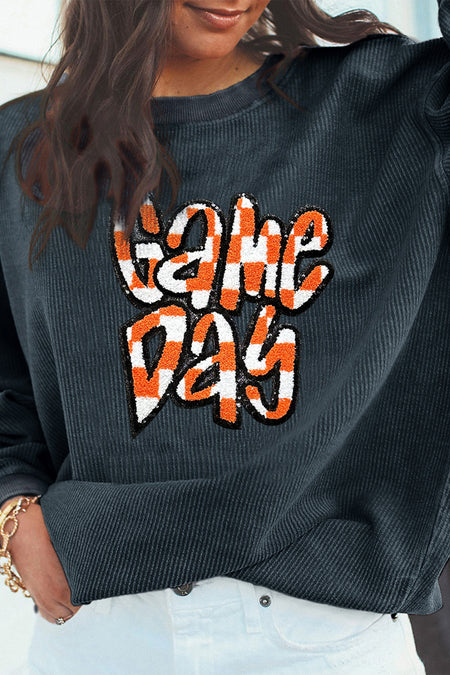 Chenille Checkered Game Day Graphic Drop Shoulder Corded Sweatshirt