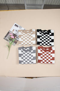 Checkered Drop Shoulder Round Neck Sweater