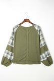 Plaid Patch Waffle Knit Exposed Seam Bubble Sleeve Top